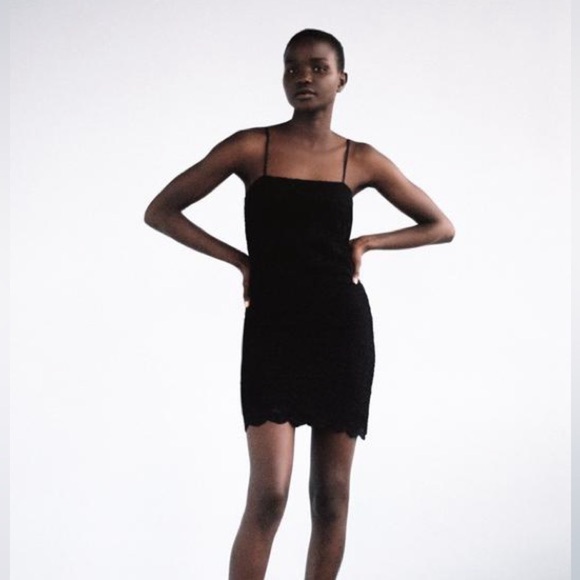 Zara Classic Black Lined Bodycon spaghetti Strap Lace Mini Dress | Size Small - Picture 1 of 8